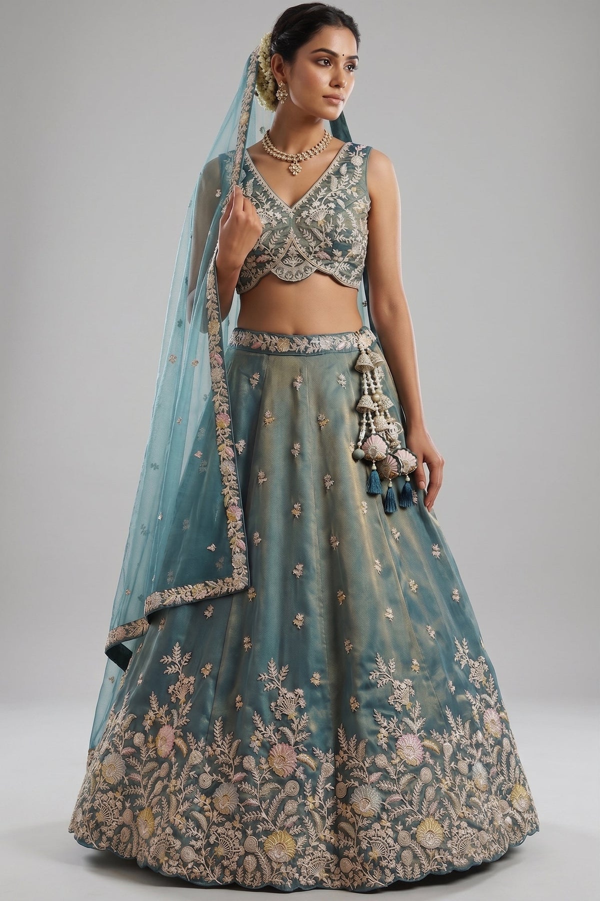 Metallic Teal Tissue Lehenga Choli with Floral Border