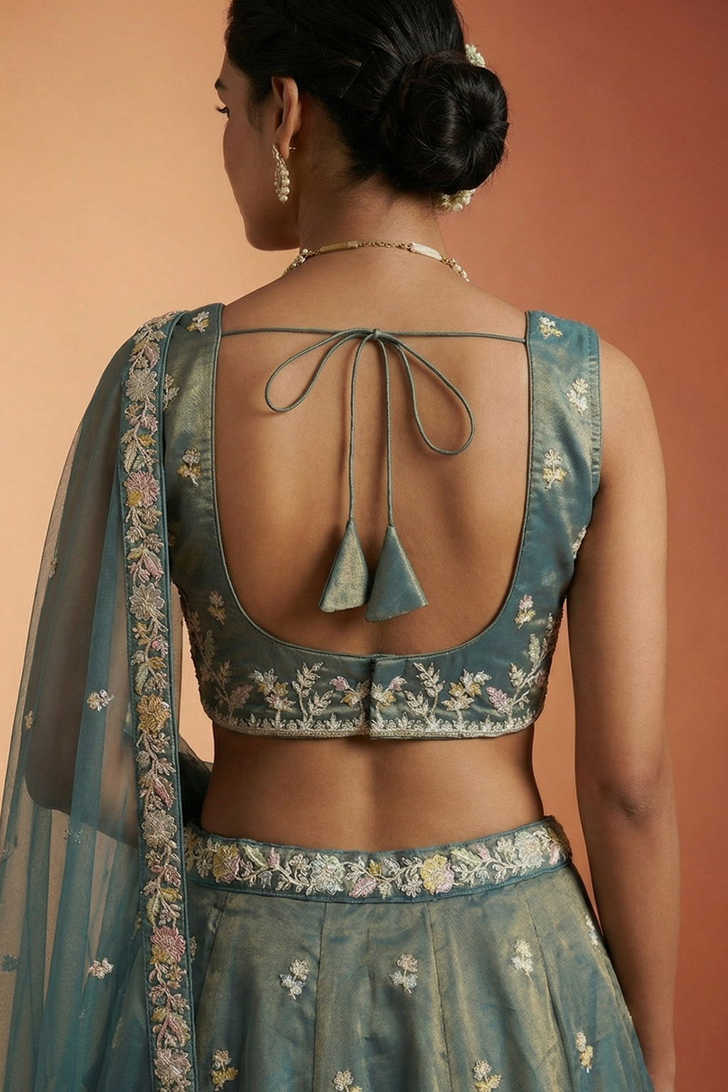 Metallic Teal Tissue Lehenga Choli with Floral Border