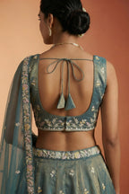 Metallic Teal Tissue Lehenga Choli with Floral Border