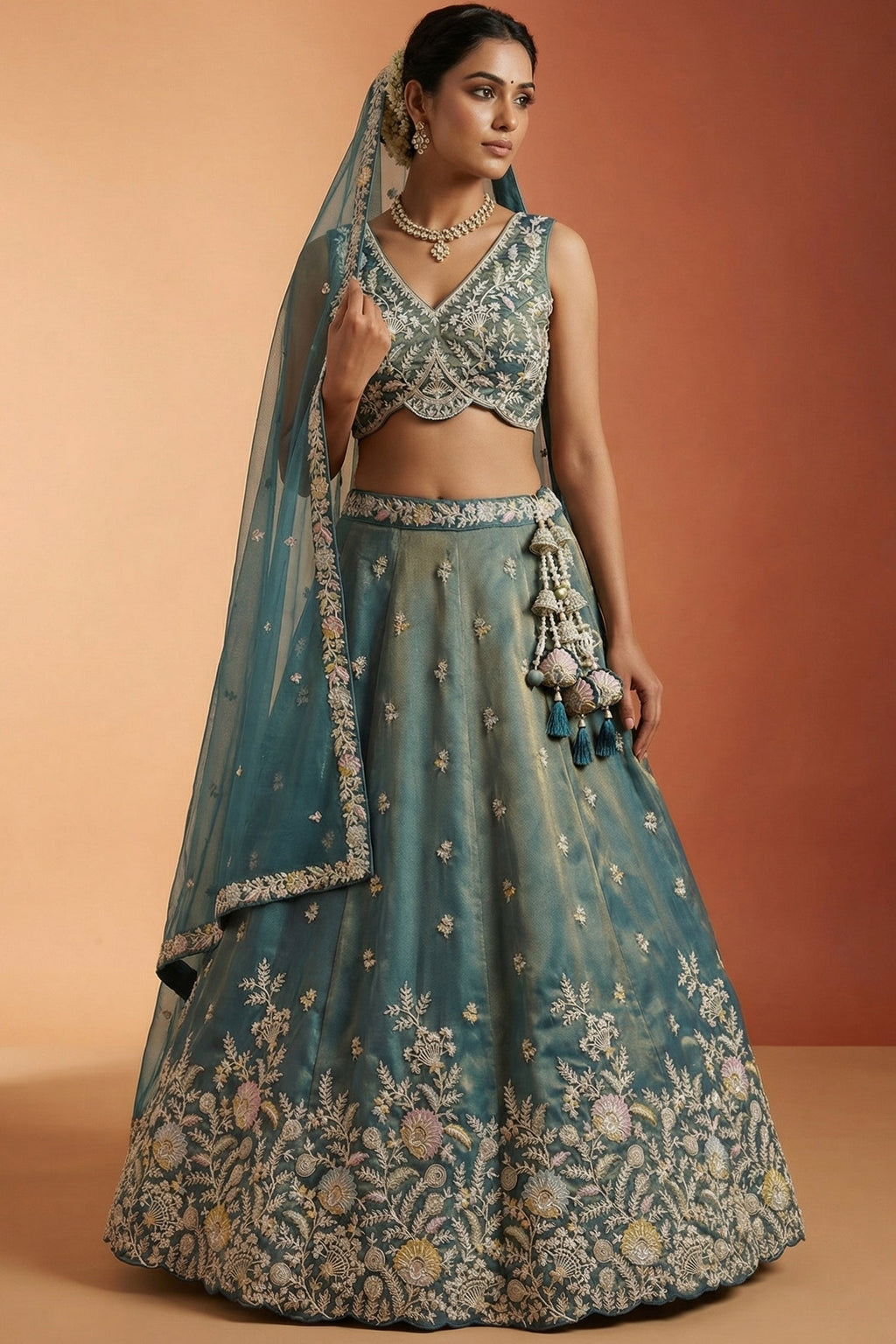 Metallic Teal Tissue Lehenga Choli with Floral Border