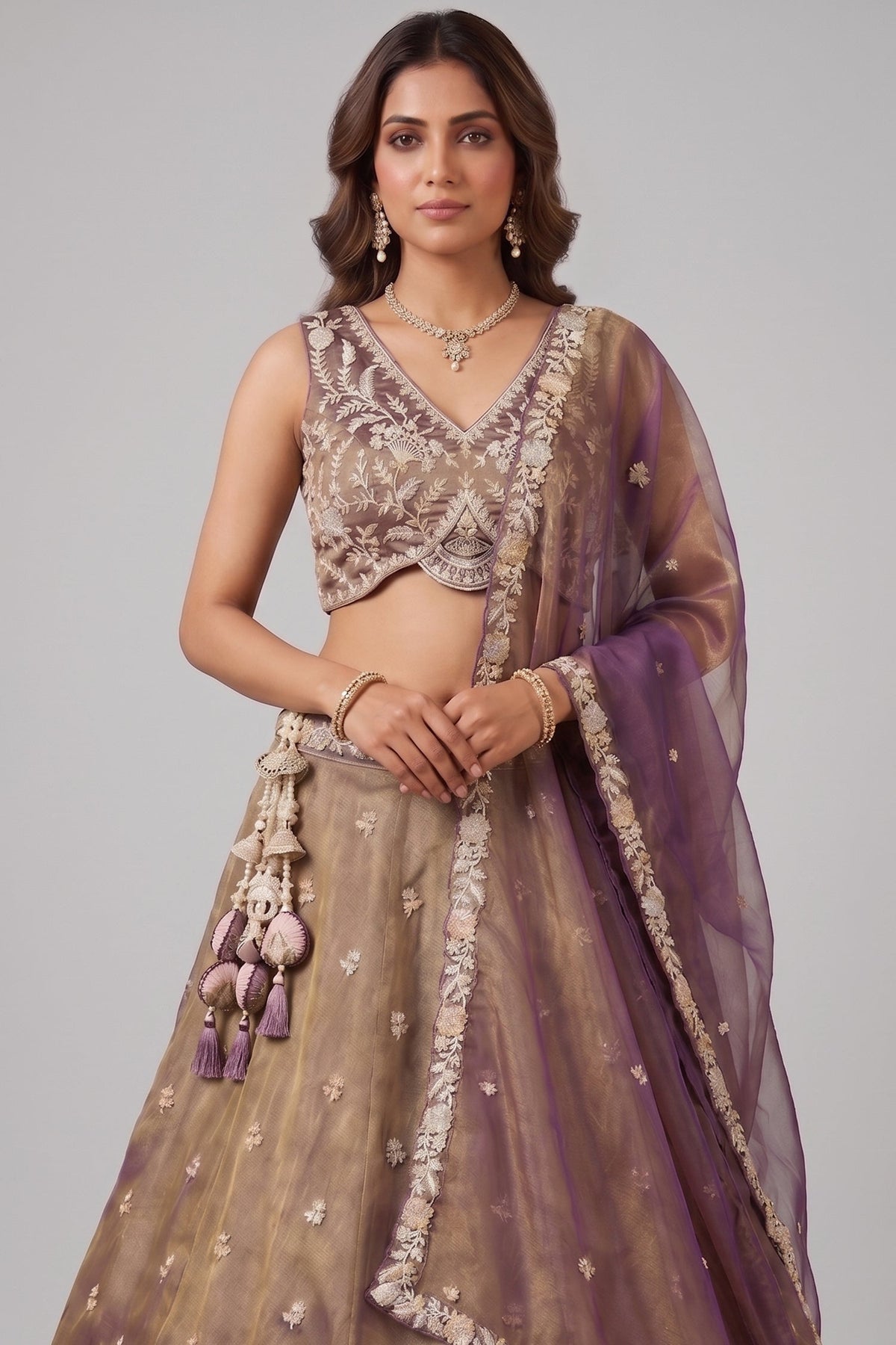 Bronze Tissue Lehenga Choli with Contrast Net Dupatta