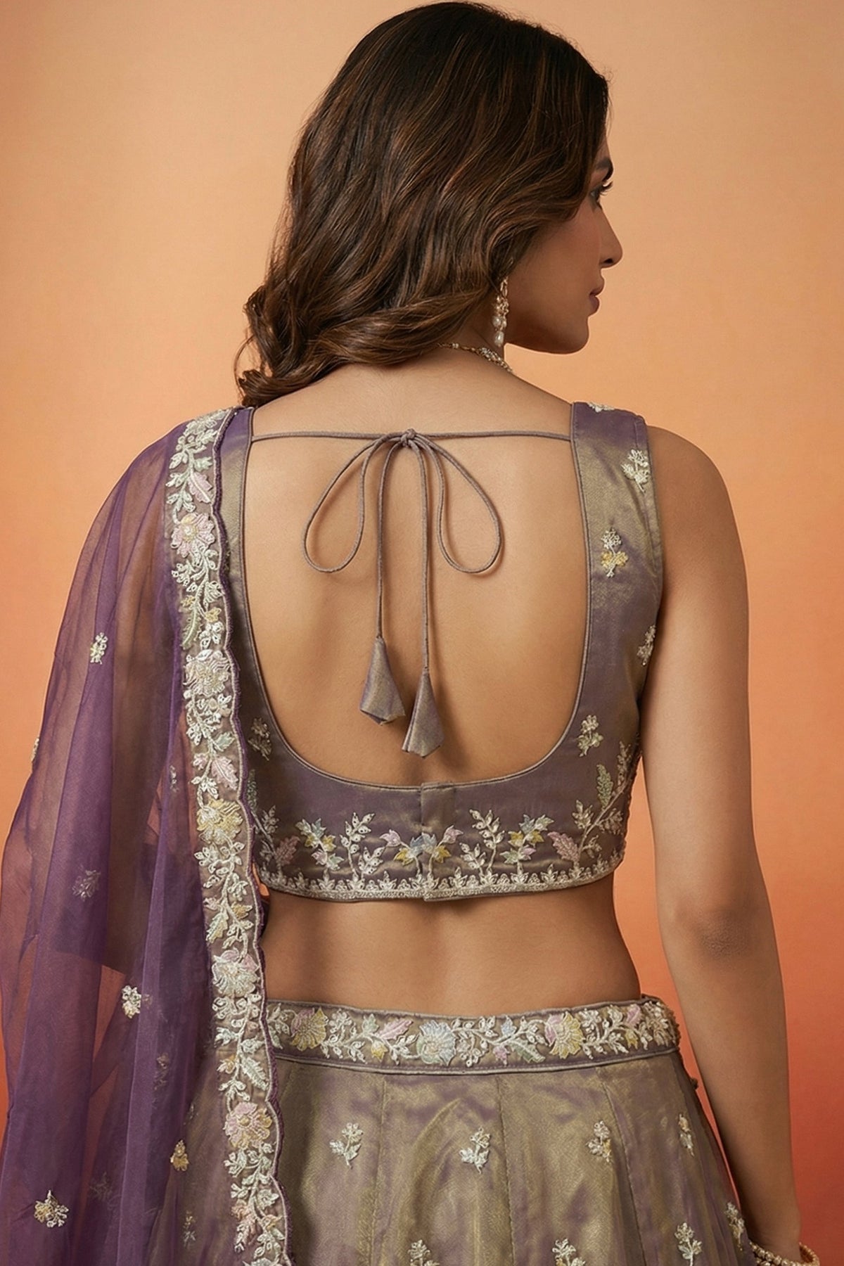 Bronze Tissue Lehenga Choli with Contrast Net Dupatta
