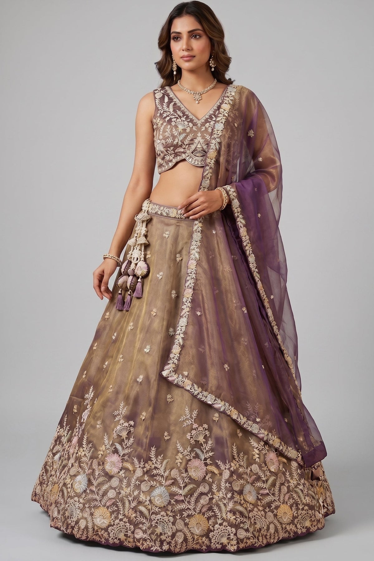 Bronze Tissue Lehenga Choli with Contrast Net Dupatta