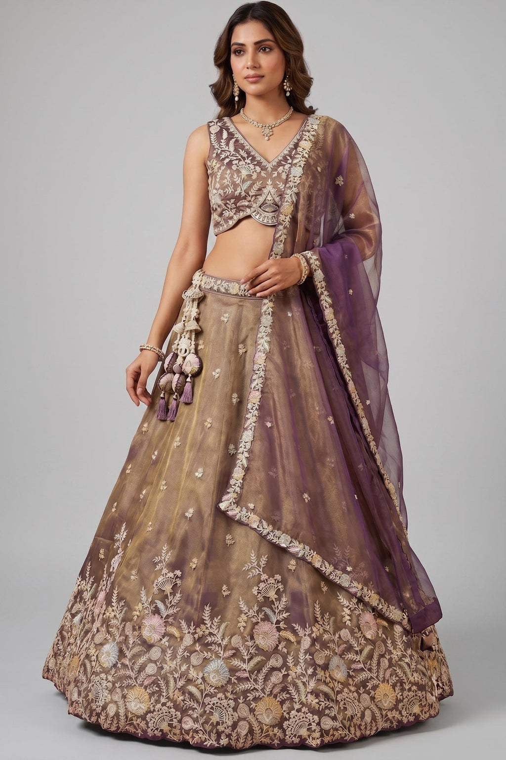 Bronze Tissue Lehenga Choli with Contrast Net Dupatta