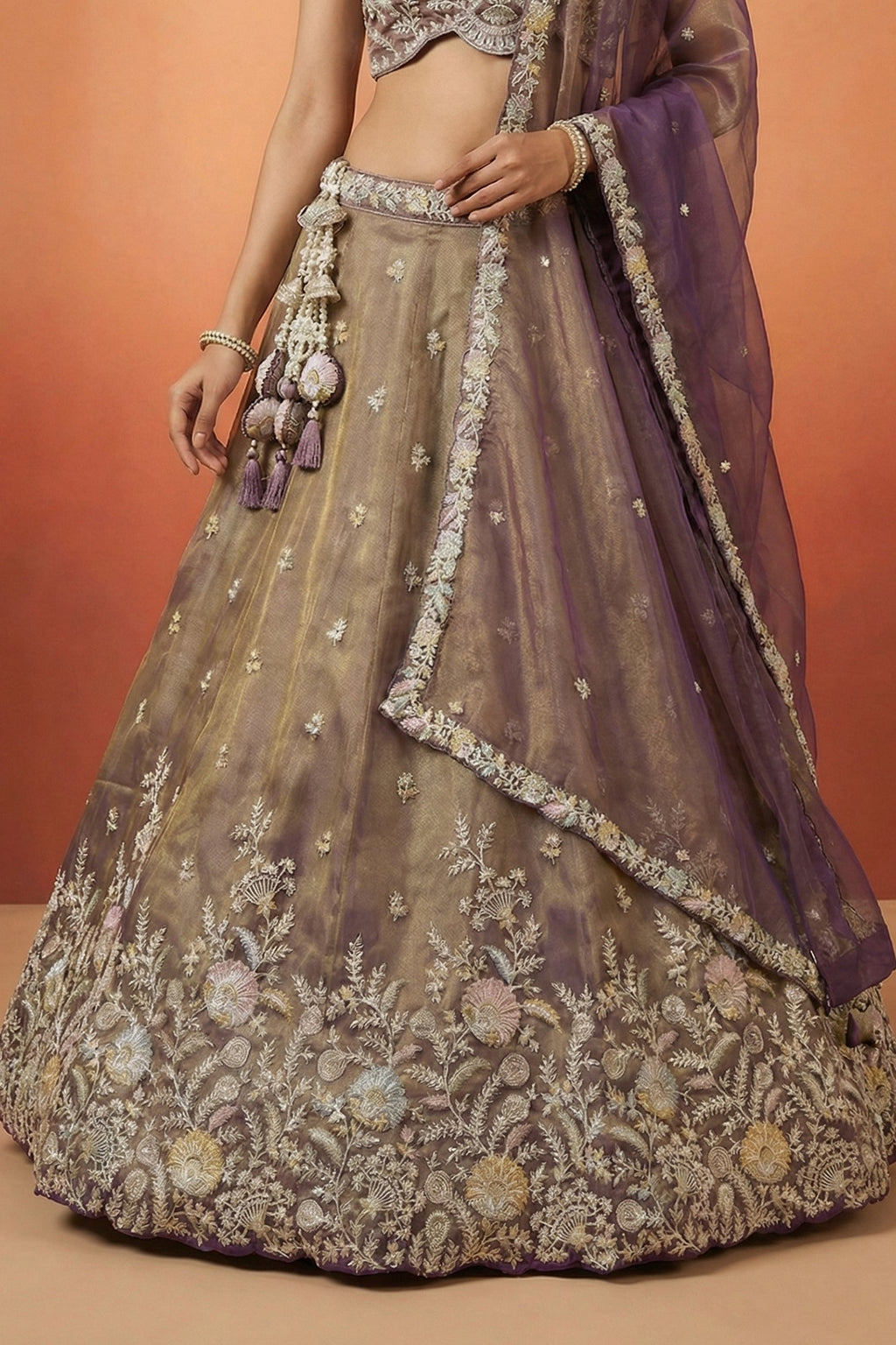 Bronze Tissue Lehenga Choli with Contrast Net Dupatta