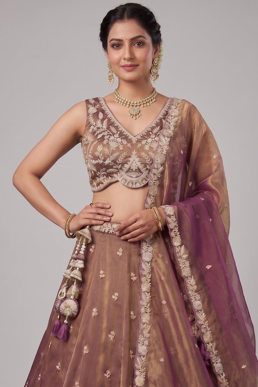 Rust Tissue Lehenga Choli with Embellished Floral Hem