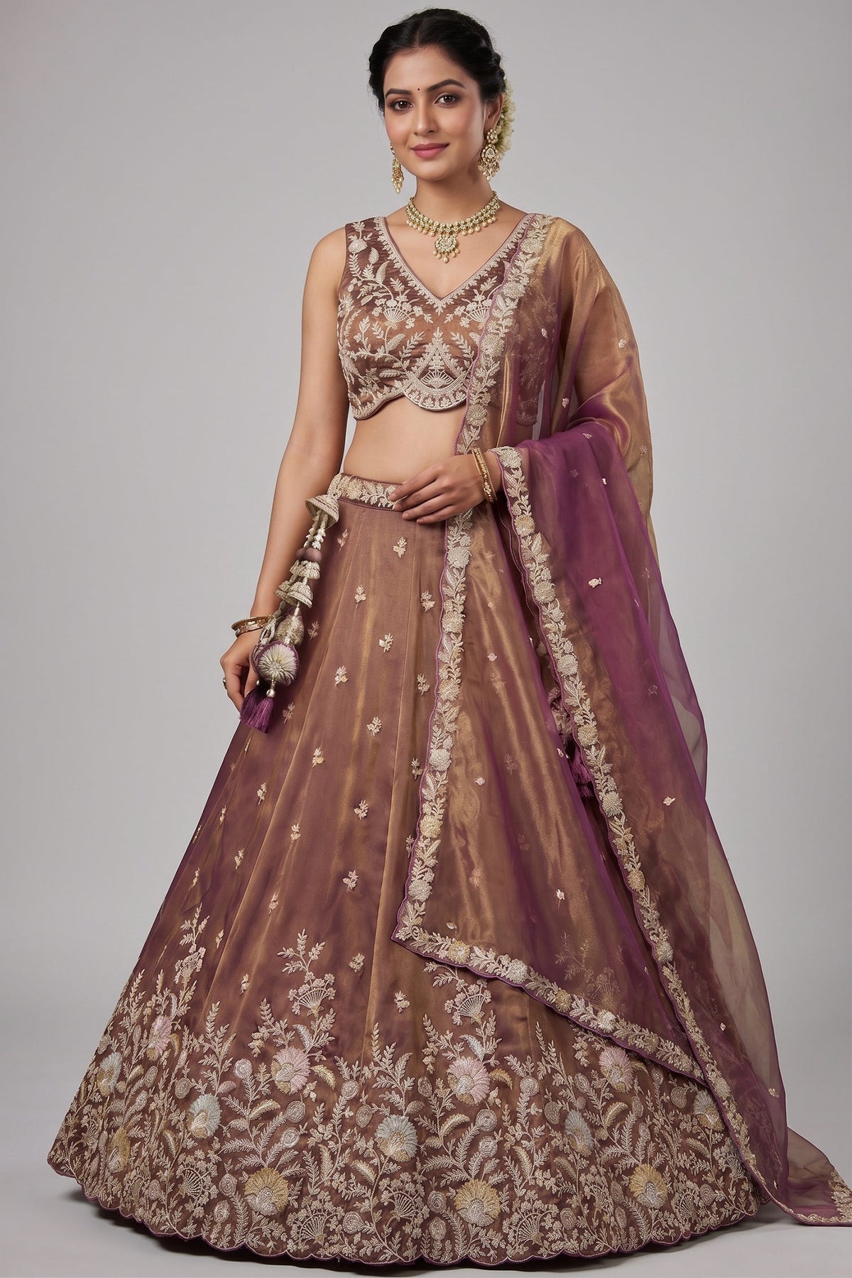 Rust Tissue Lehenga Choli with Embellished Floral Hem
