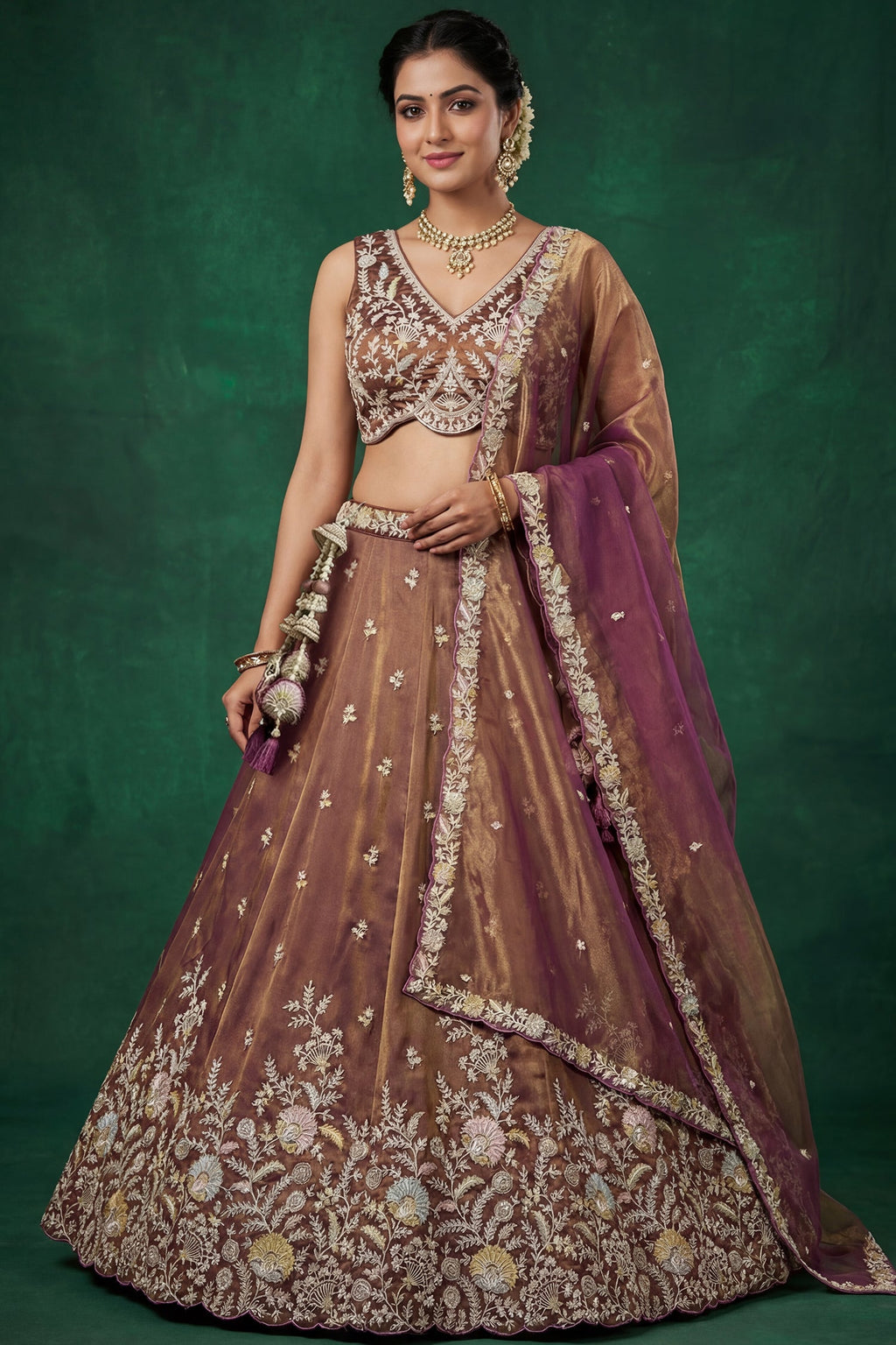 Rust Tissue Lehenga Choli with Embellished Floral Hem