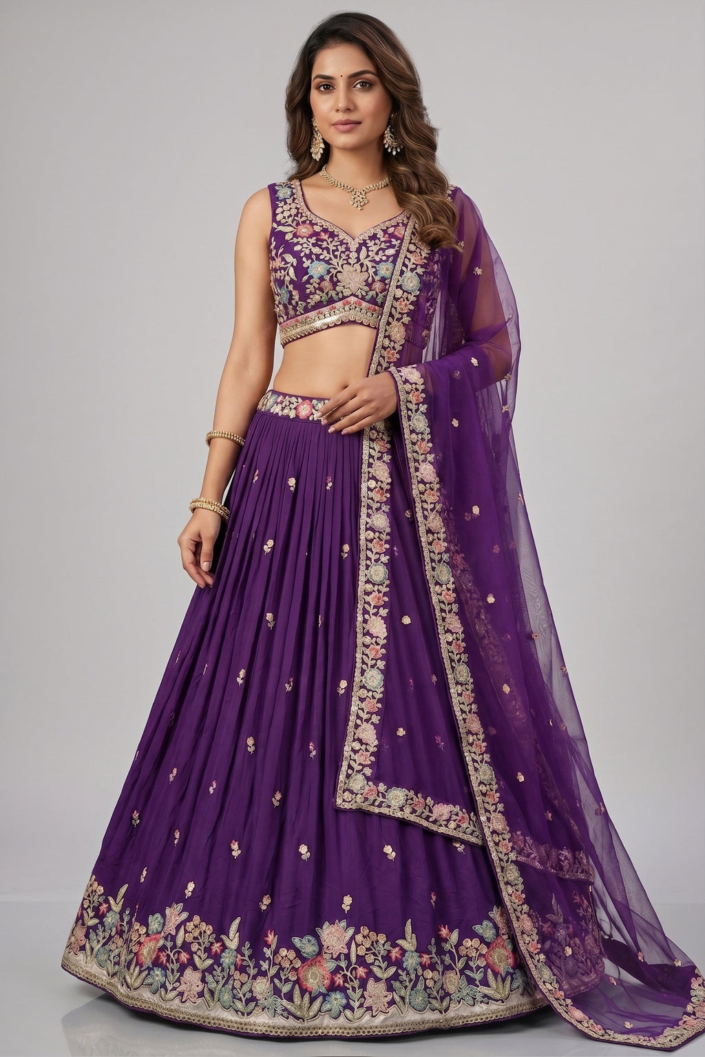 Deep Purple Pleated Georgette Lehenga Choli with Floral Embroidery