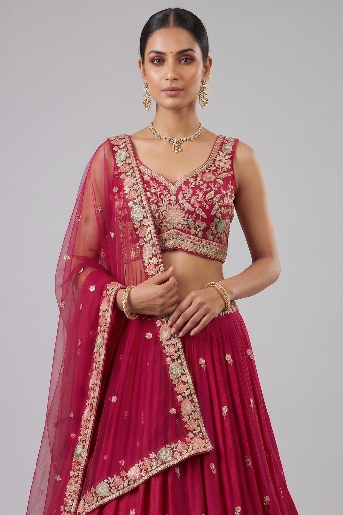 Rani Pink Pleated Georgette Lehenga Choli with Embroidered Border