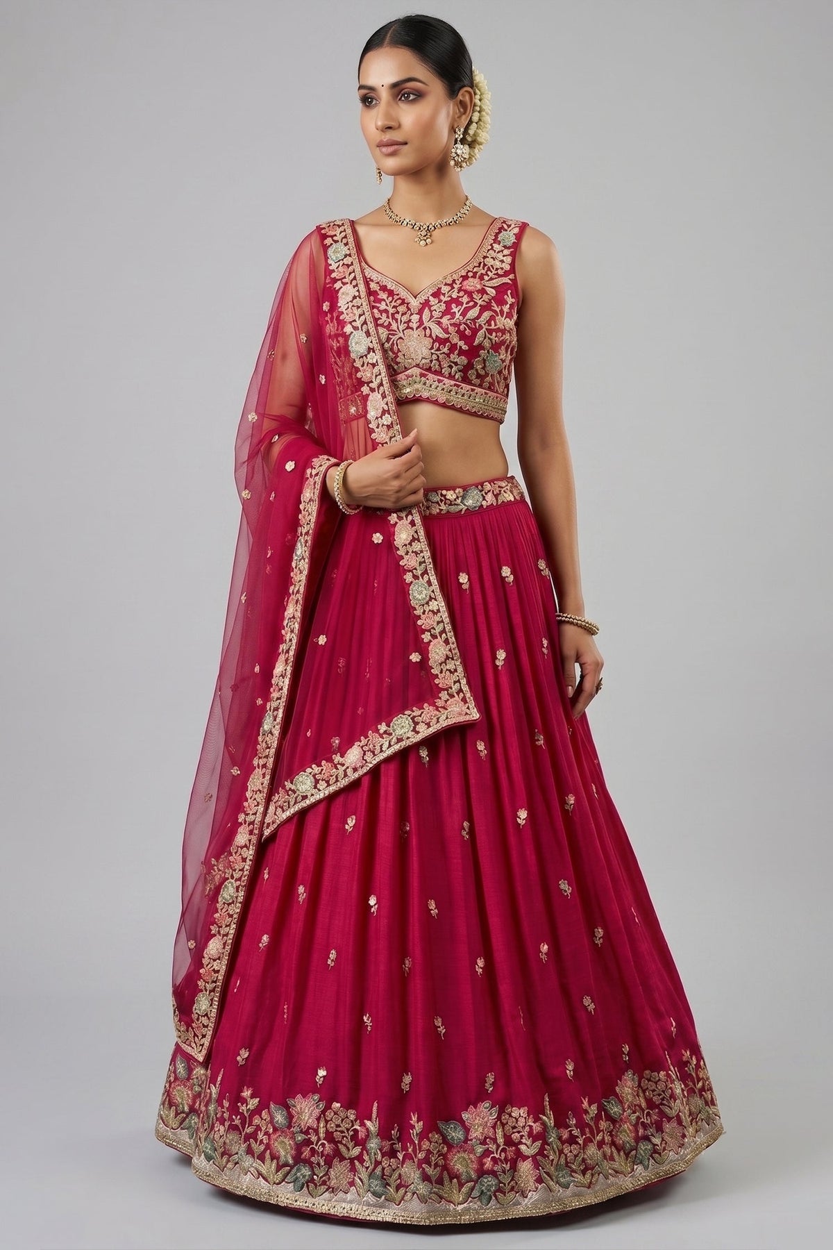 Rani Pink Pleated Georgette Lehenga Choli with Embroidered Border