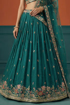 Rama Teal Pleated Georgette Lehenga Choli with Embroidered Hem