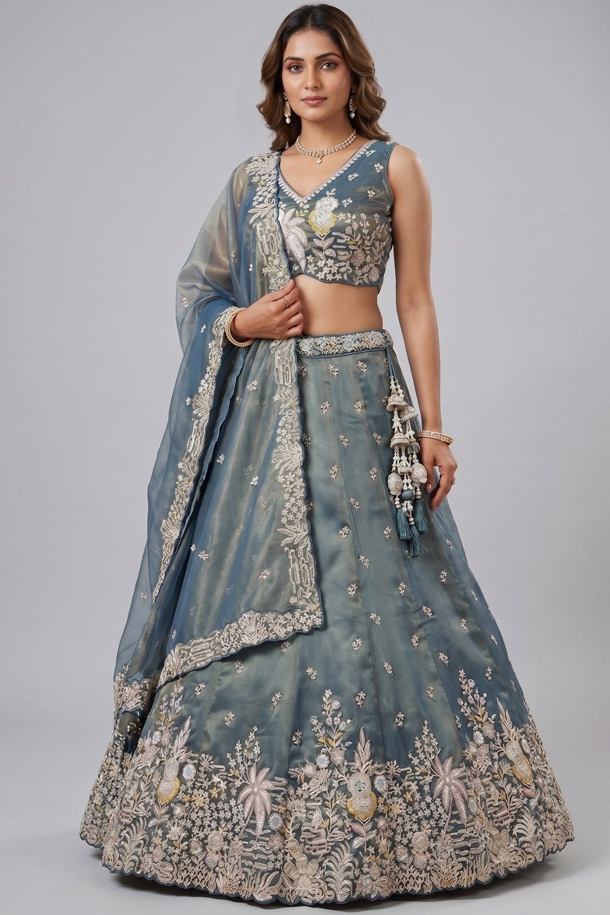 Peacock Blue Tissue Lehenga Choli with Tropical Botanical Embroidery