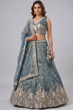 Peacock Blue Tissue Lehenga Choli with Tropical Botanical Embroidery