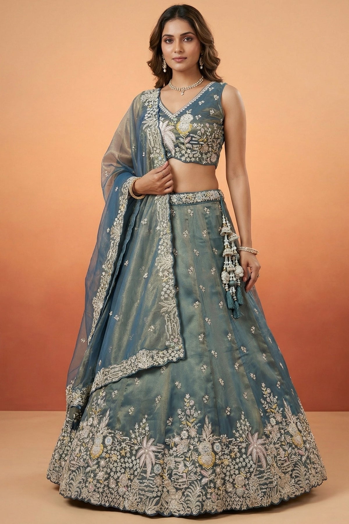 Peacock Blue Tissue Lehenga Choli with Tropical Botanical Embroidery