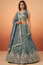 Peacock Blue Tissue Lehenga Choli with Tropical Botanical Embroidery