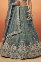 Peacock Blue Tissue Lehenga Choli with Tropical Botanical Embroidery
