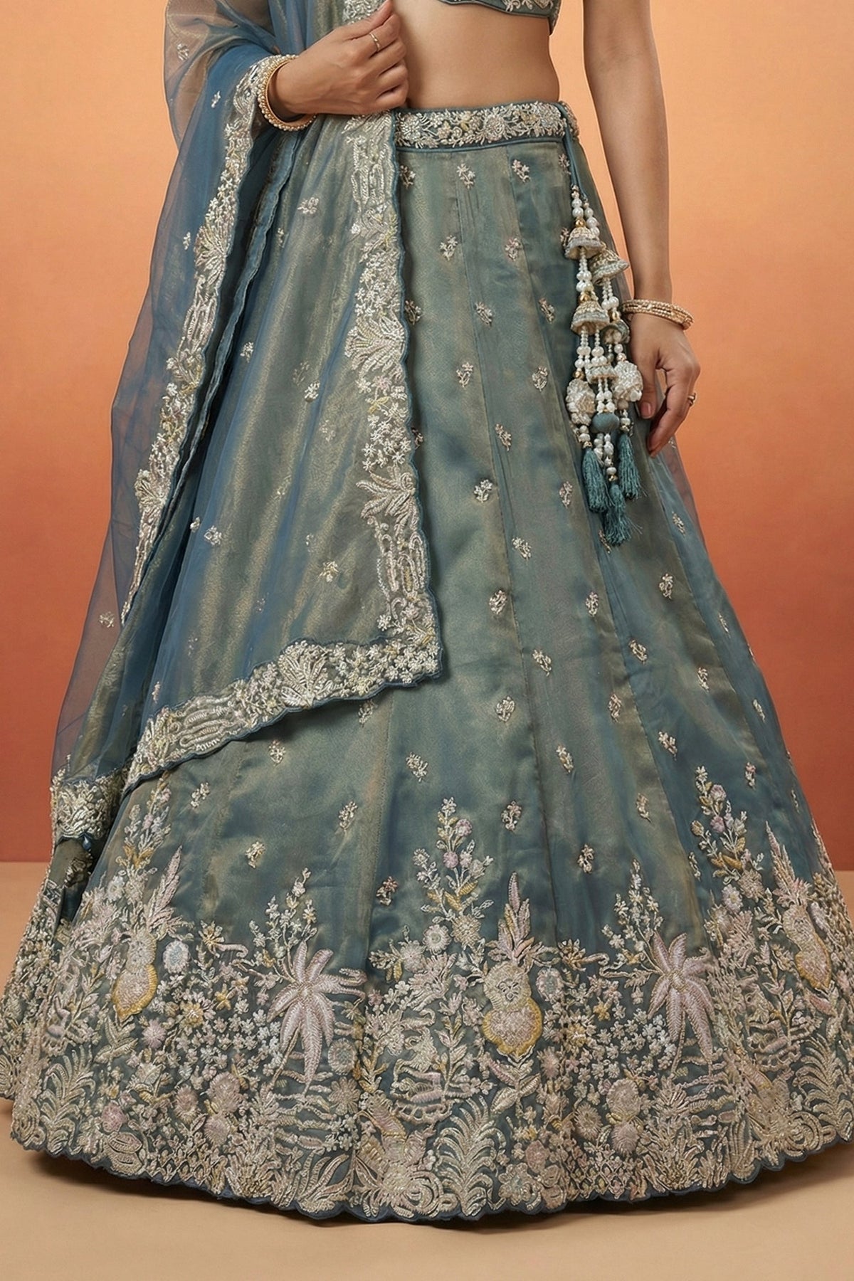 Peacock Blue Tissue Lehenga Choli with Tropical Botanical Embroidery
