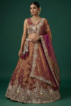 Rust Metallic Tissue Lehenga Choli with Tropical Floral Embroidery