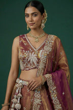 Rust Metallic Tissue Lehenga Choli with Tropical Floral Embroidery