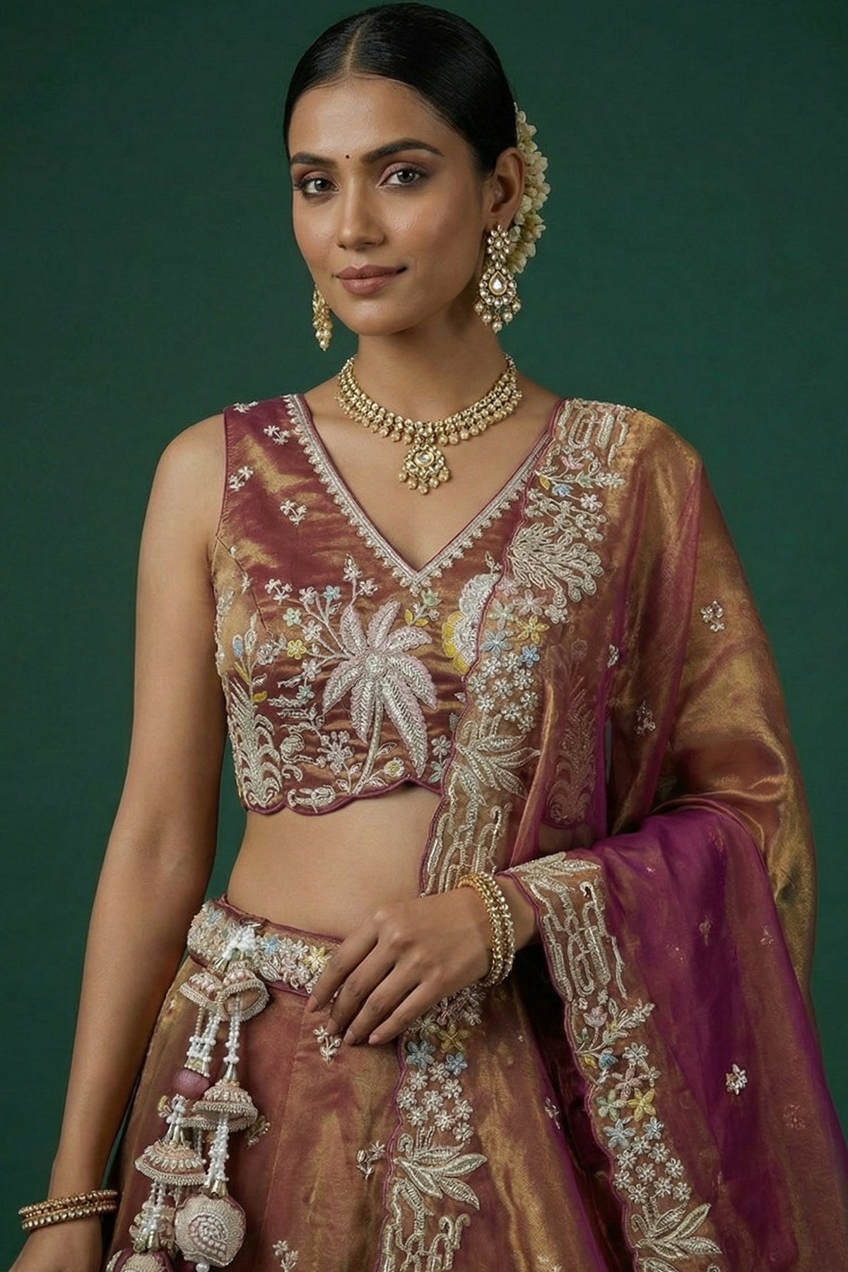 Rust Metallic Tissue Lehenga Choli with Tropical Floral Embroidery