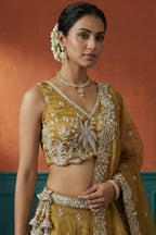 Mustard Yellow Tissue Lehenga Choli with Botanical Zardozi Embroidery