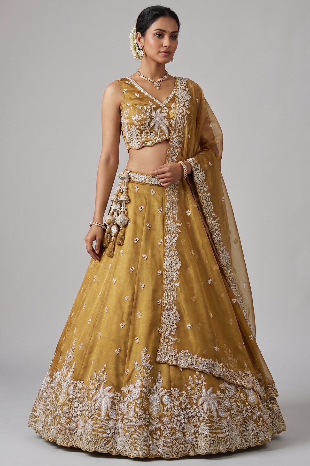 Mustard Yellow Tissue Lehenga Choli with Botanical Zardozi Embroidery