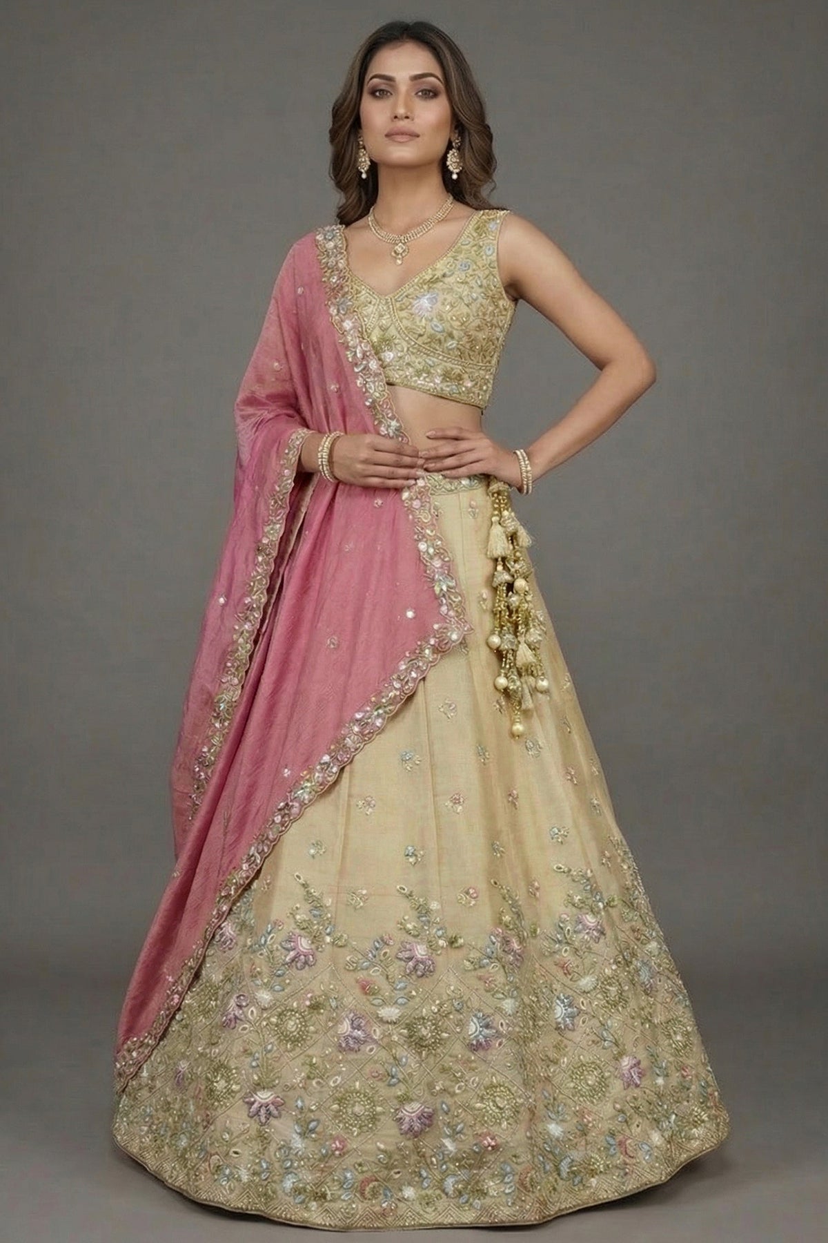 Cream Tissue Lehenga Choli with Pastel Floral Jaal and Dupatta