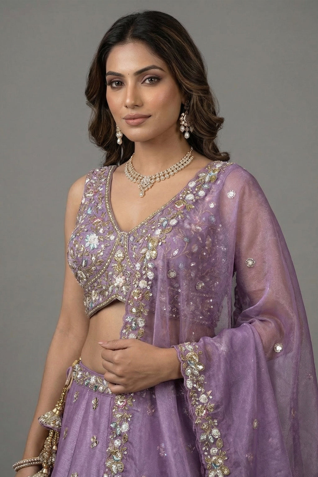 Lavender Tissue Lehenga Choli with Floral Medallion Embroidery
