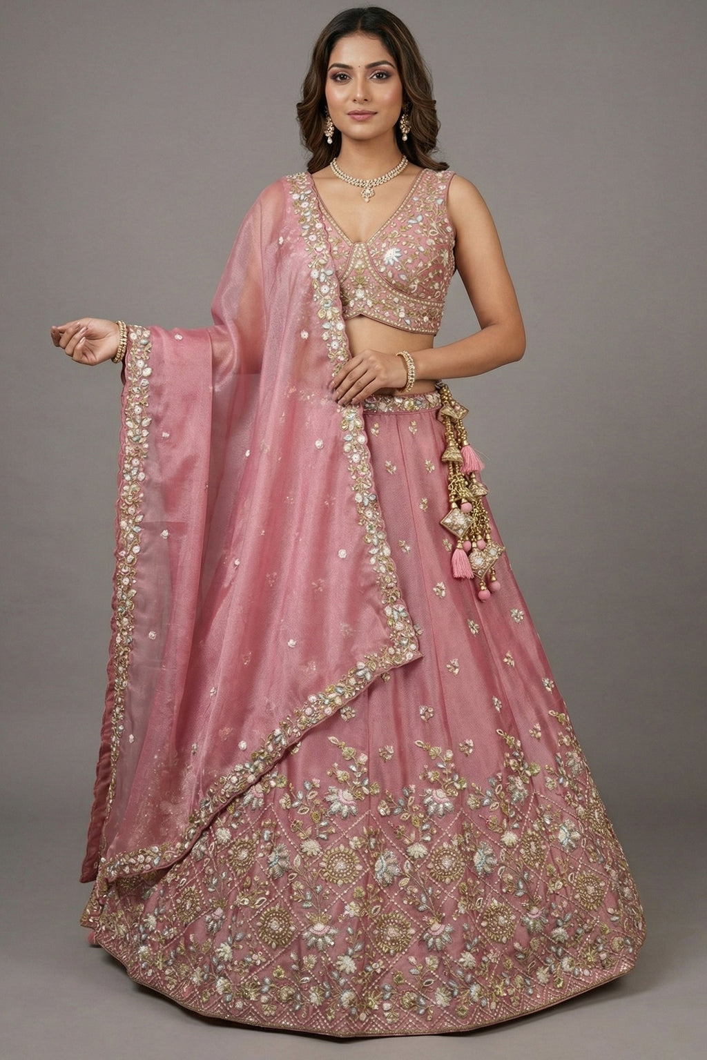 Blush Pink Tissue Lehenga Choli with Floral Lattice Embroidery