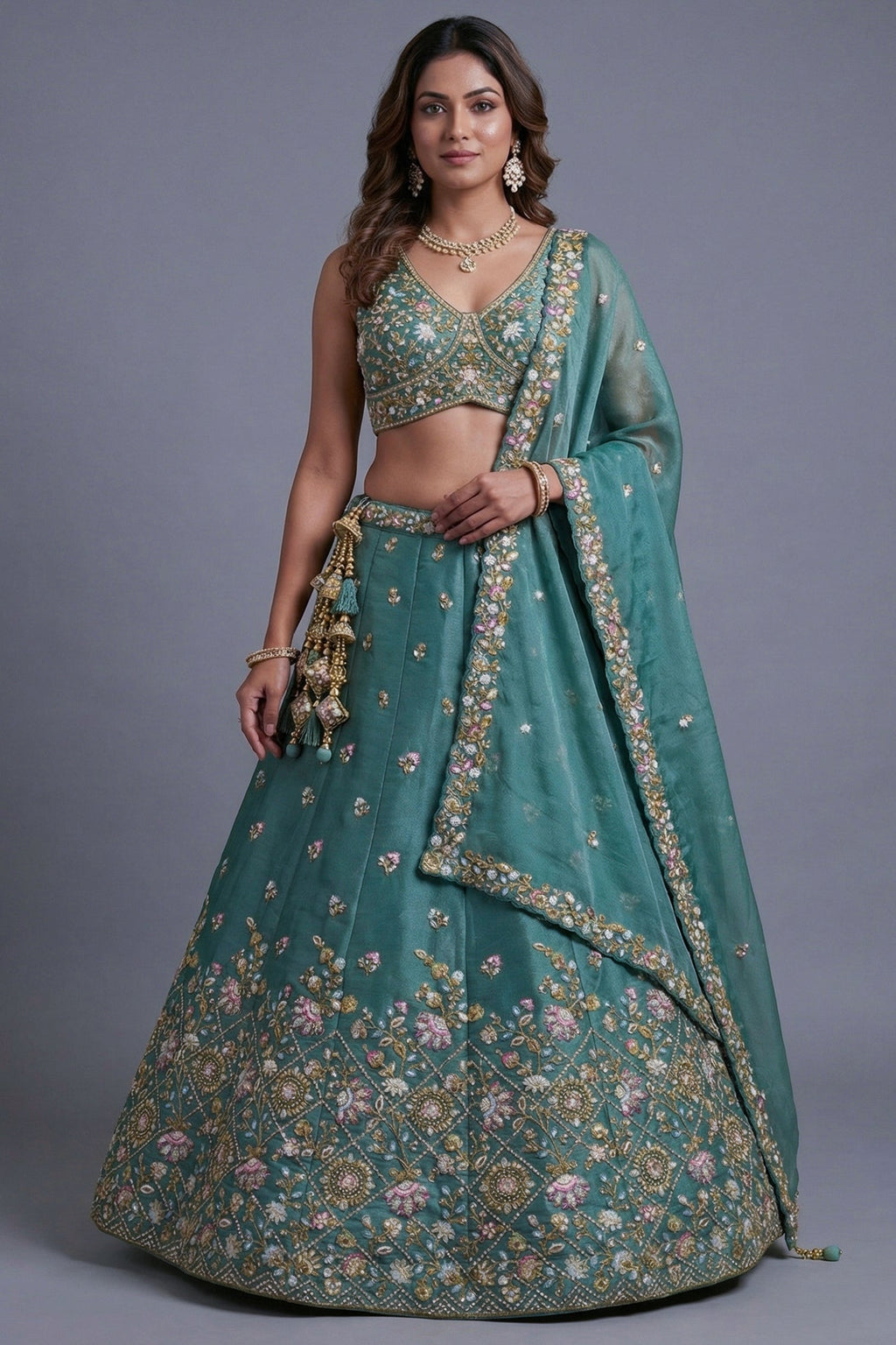 Sea Green Tissue Lehenga Choli with Pastel Floral Jaal Embroidery