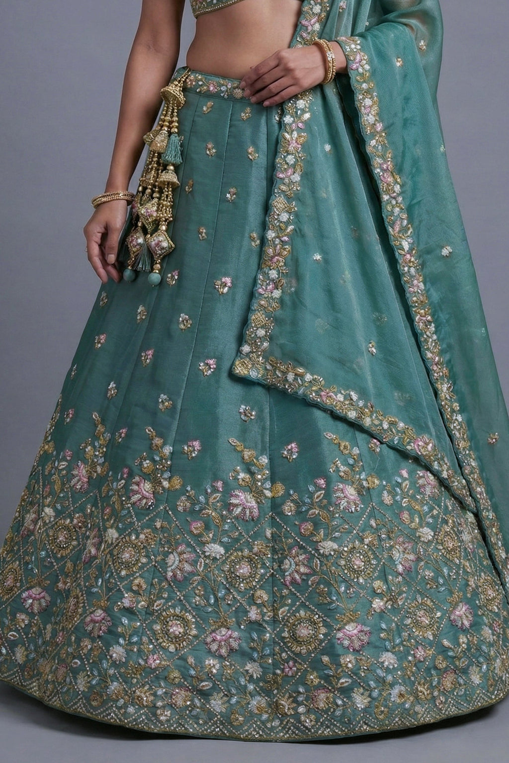Sea Green Tissue Lehenga Choli with Pastel Floral Jaal Embroidery