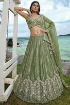 Mehndi Green Tissue Lehenga Choli with Vertical Sequin Embroidery