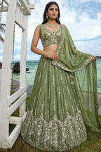 Mehndi Green Tissue Lehenga Choli with Vertical Sequin Embroidery