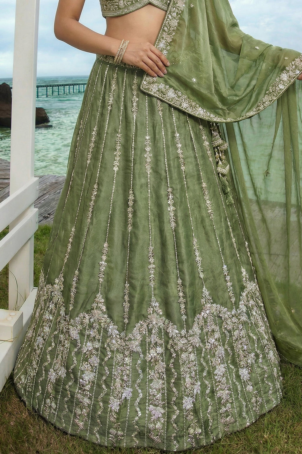 Mehndi Green Tissue Lehenga Choli with Vertical Sequin Embroidery