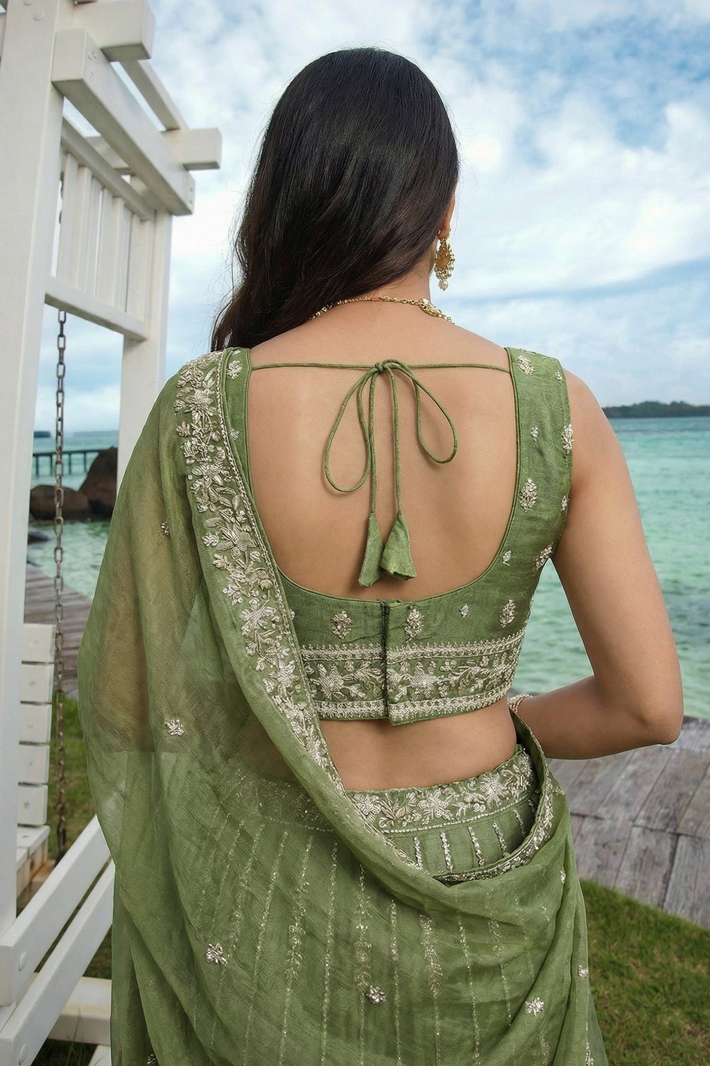 Mehndi Green Tissue Lehenga Choli with Vertical Sequin Embroidery