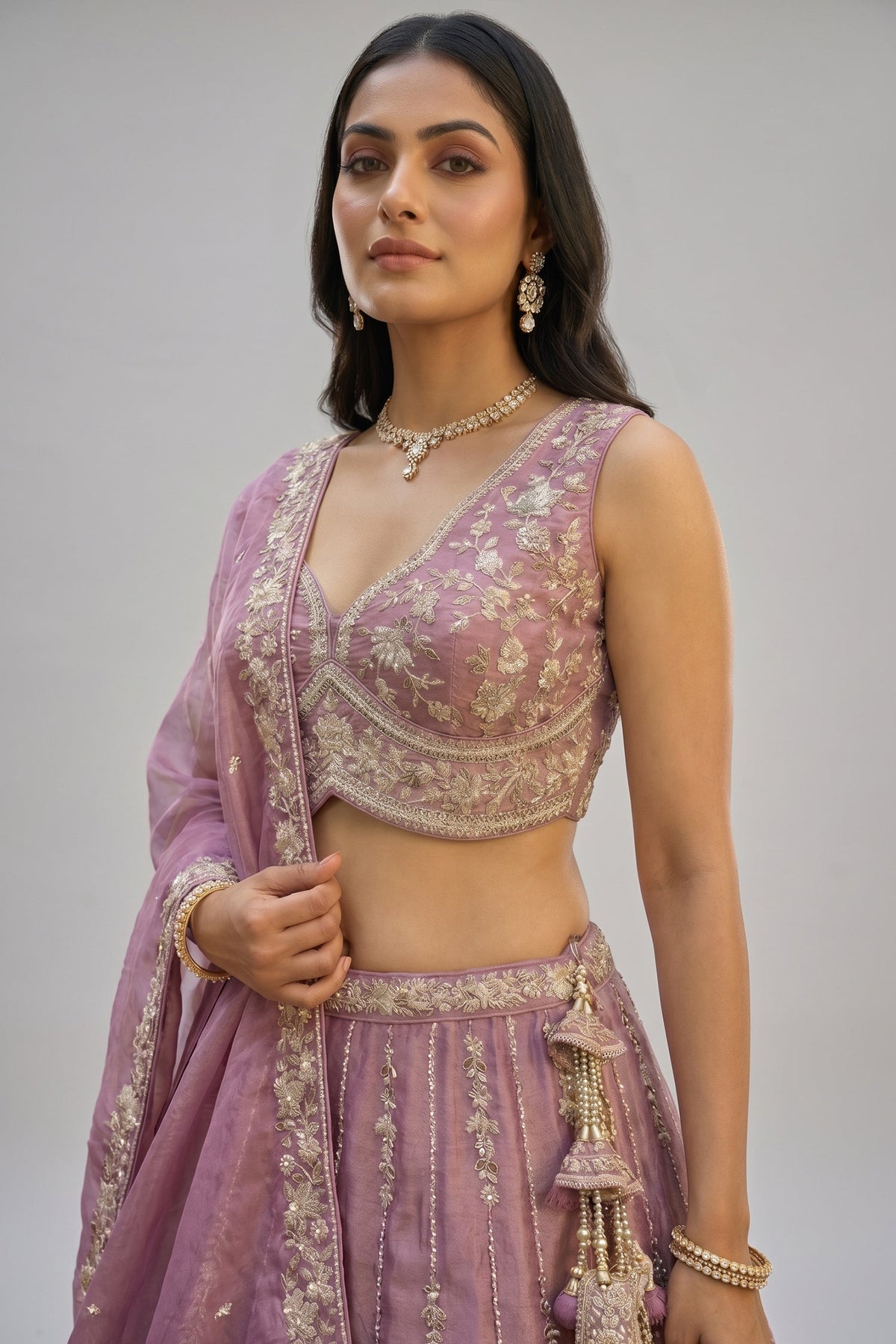 Rose Gold Mauve Lehenga Choli with Vertical Stripe & Floral Embroidery