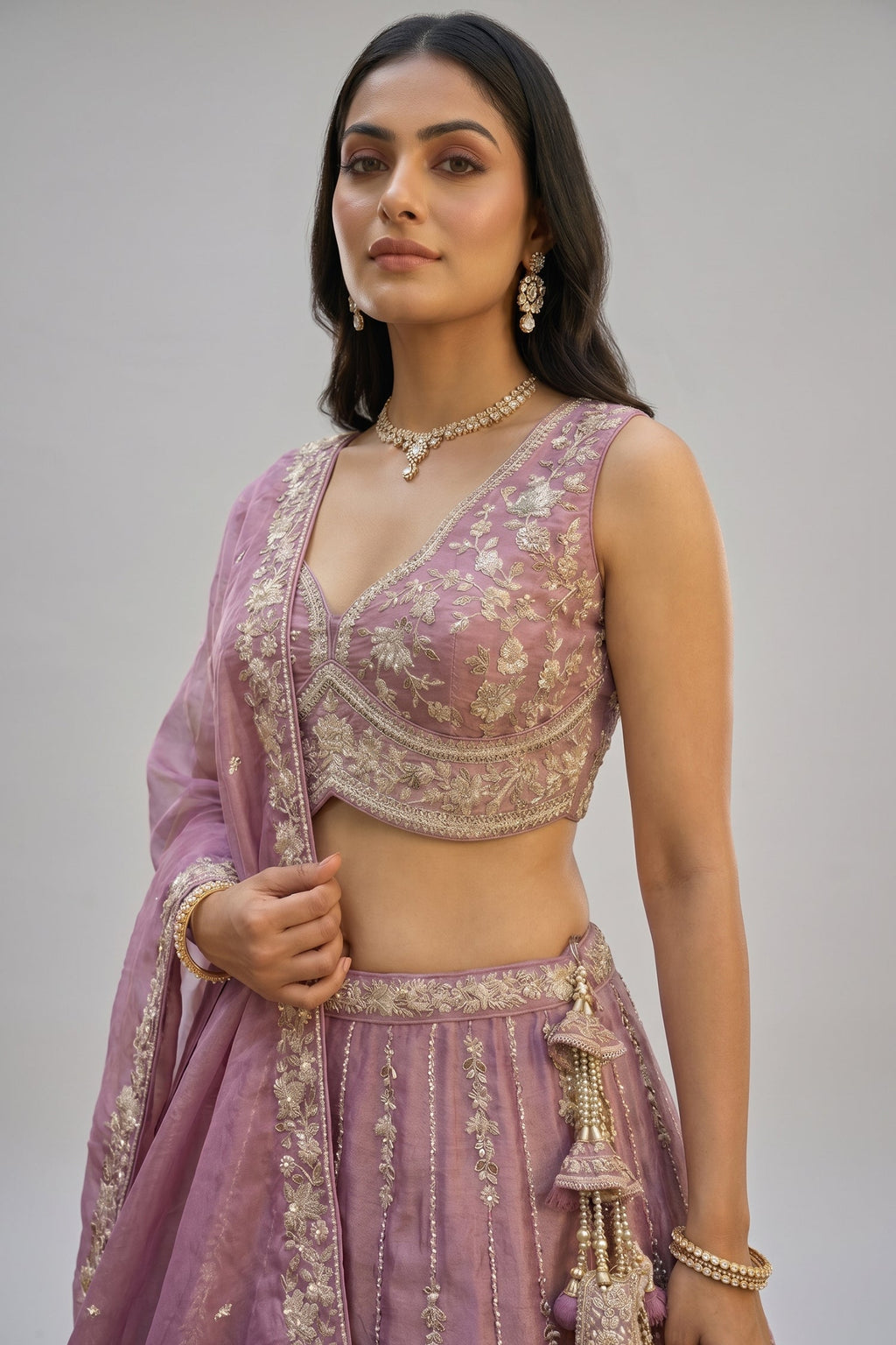 Rose Gold Mauve Lehenga Choli with Vertical Stripe & Floral Embroidery