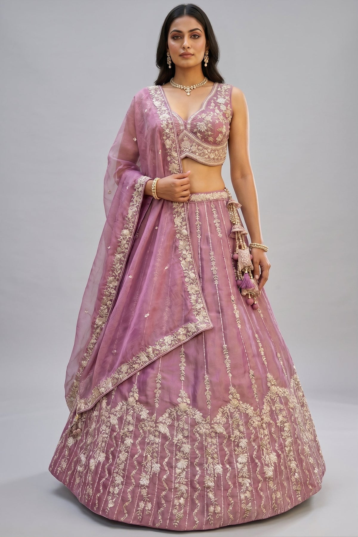 Rose Gold Mauve Lehenga Choli with Vertical Stripe & Floral Embroidery