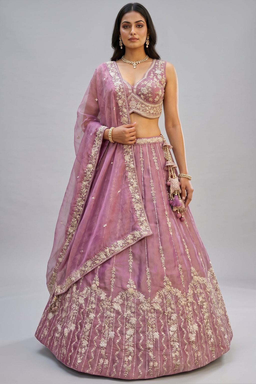 Rose Gold Mauve Lehenga Choli with Vertical Stripe & Floral Embroidery