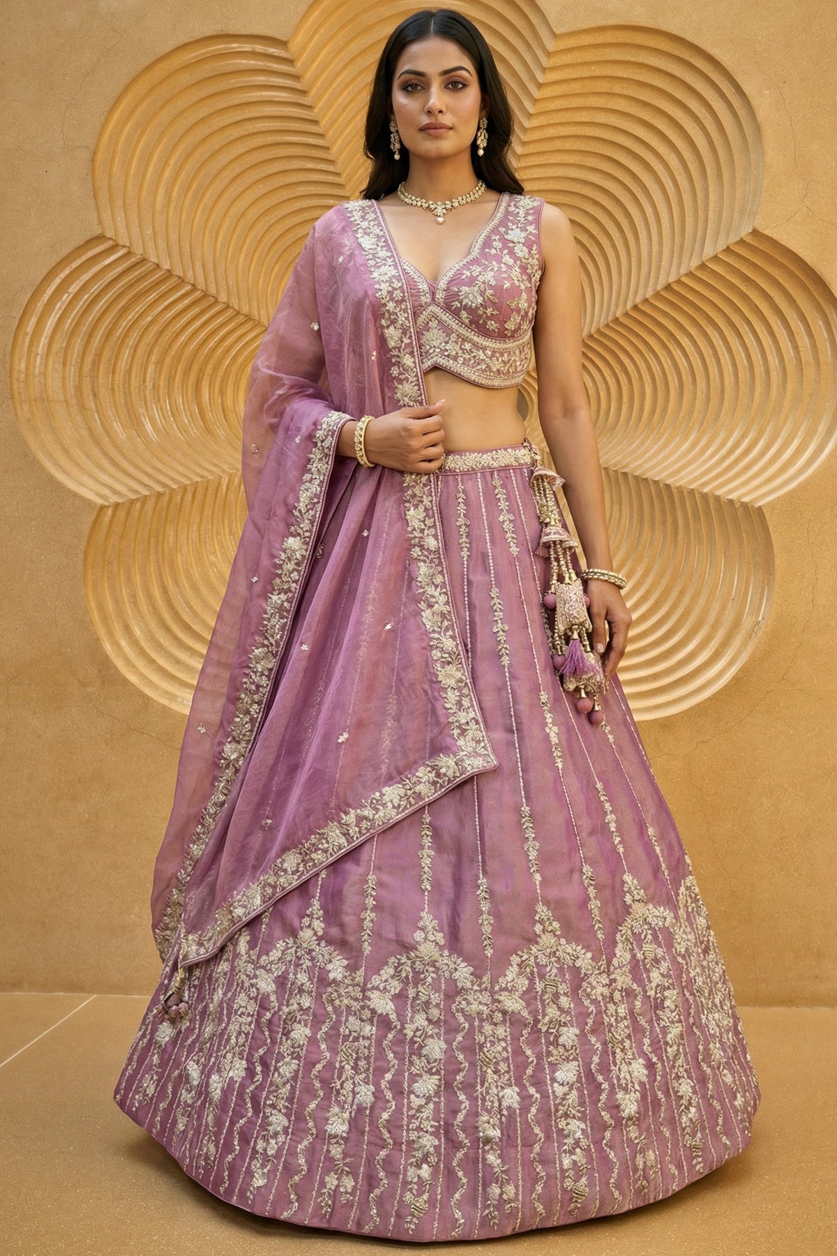 Rose Gold Mauve Lehenga Choli with Vertical Stripe & Floral Embroidery