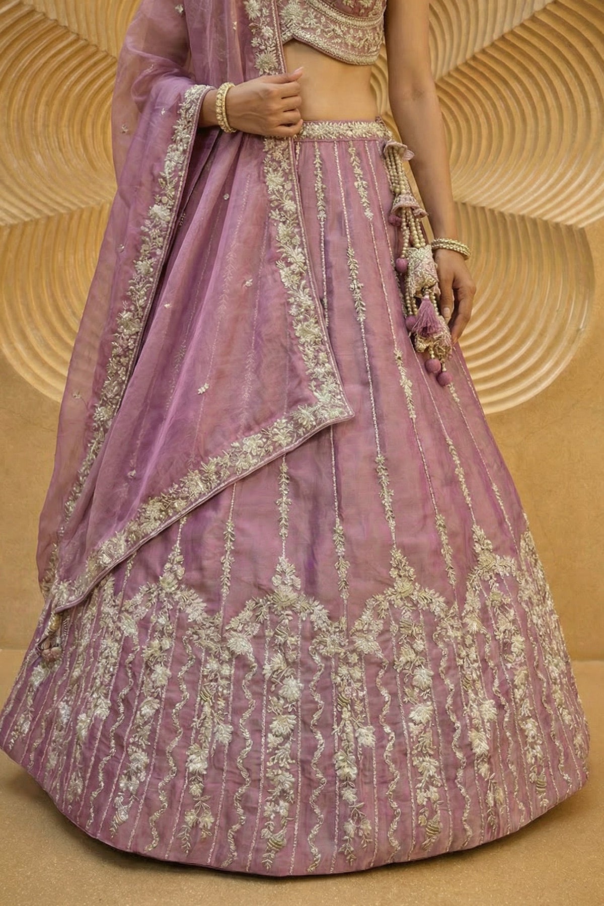 Rose Gold Mauve Lehenga Choli with Vertical Stripe & Floral Embroidery
