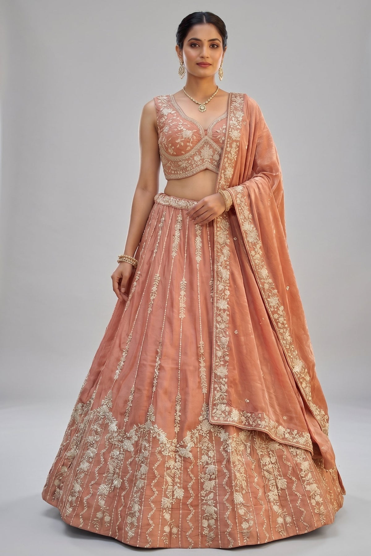 Rust Tissue Lehenga Choli with Vertical Sequin Stripe Embroidery