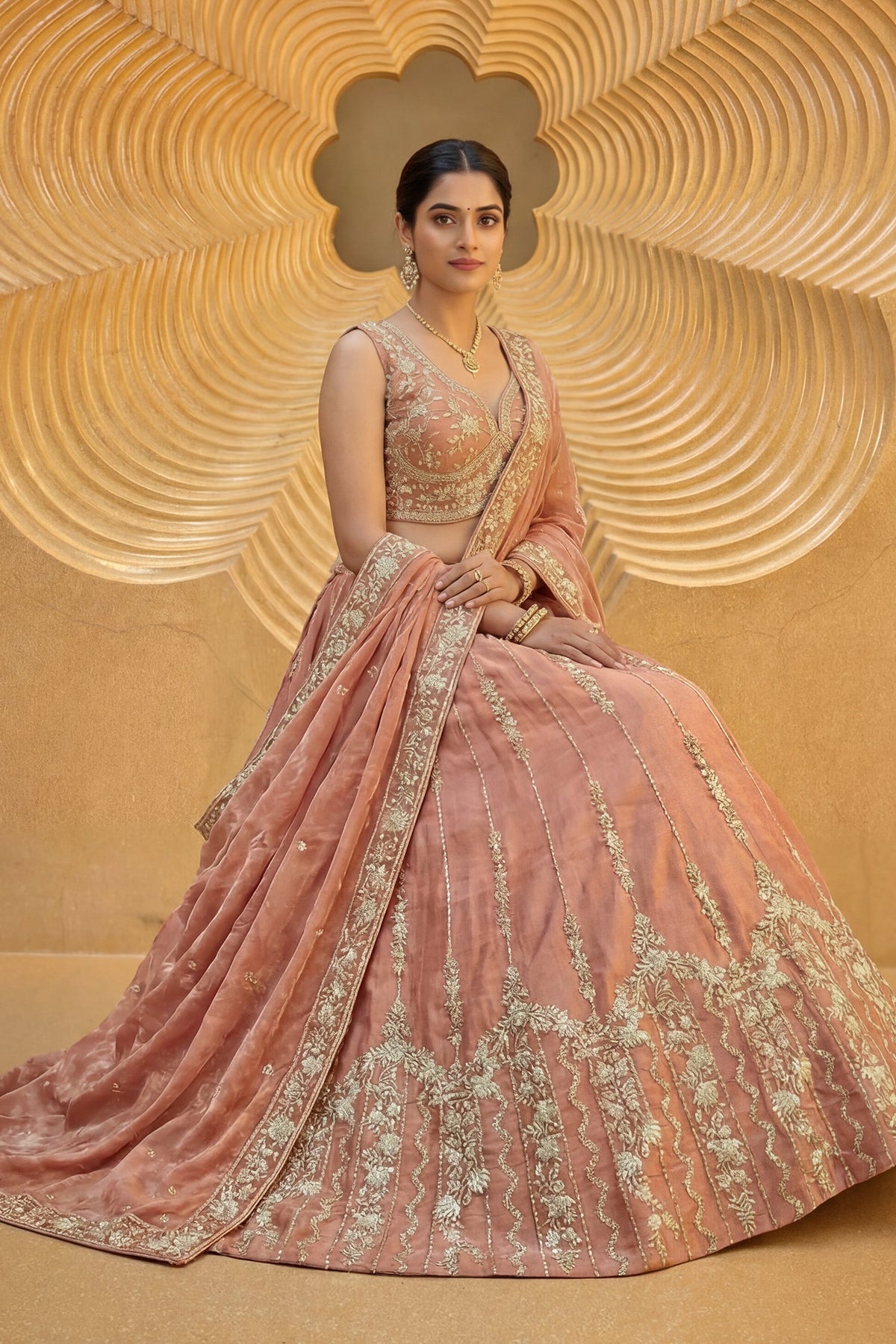 Rust Tissue Lehenga Choli with Vertical Sequin Stripe Embroidery