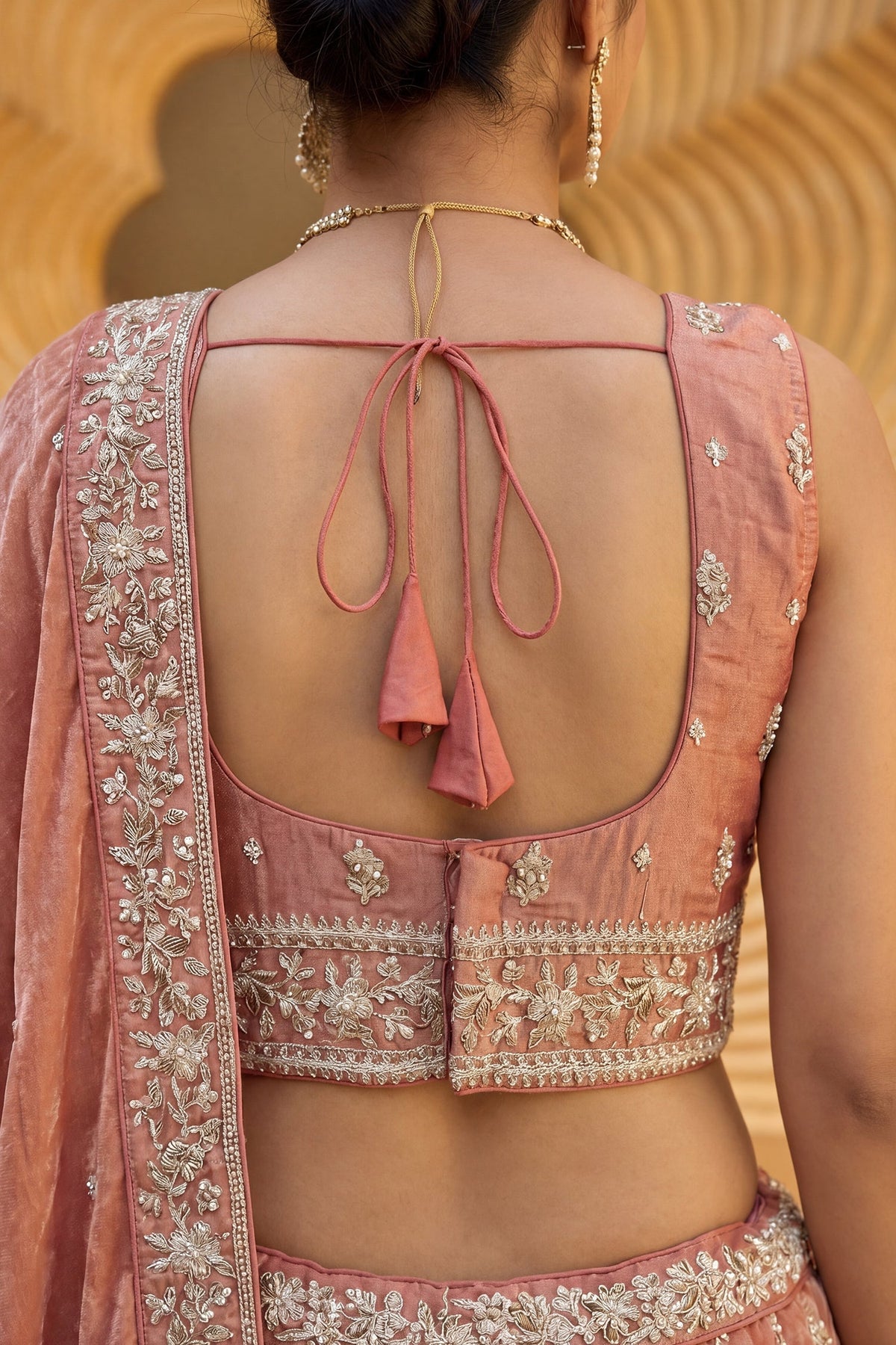Rust Tissue Lehenga Choli with Vertical Sequin Stripe Embroidery