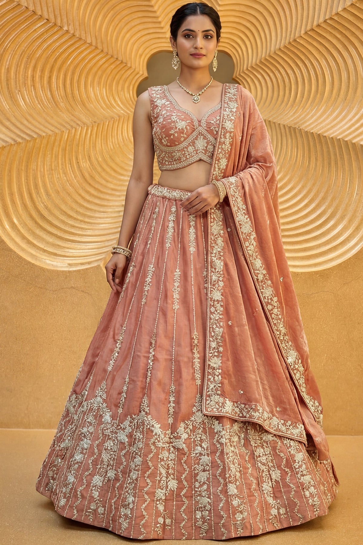 Rust Tissue Lehenga Choli with Vertical Sequin Stripe Embroidery