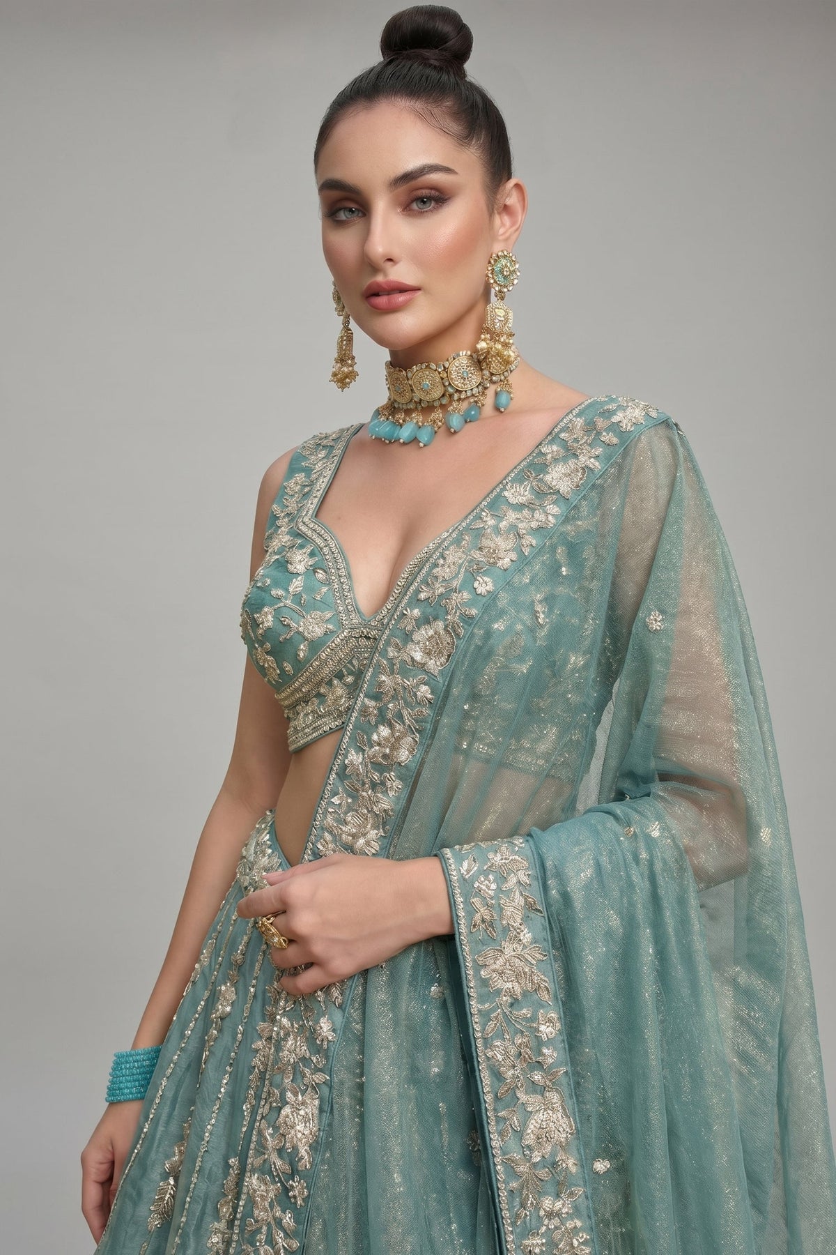 Sky Blue Tissue Lehenga Choli with Vertical Stripe & Scalloped Embroidery