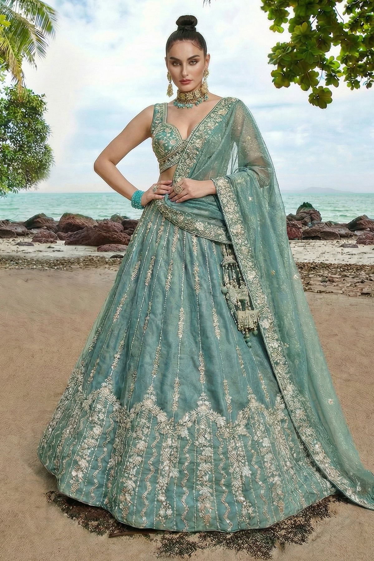 Sky Blue Tissue Lehenga Choli with Vertical Stripe & Scalloped Embroidery