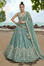 Sky Blue Tissue Lehenga Choli with Vertical Stripe & Scalloped Embroidery