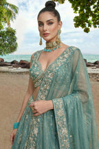 Sky Blue Tissue Lehenga Choli with Vertical Stripe & Scalloped Embroidery